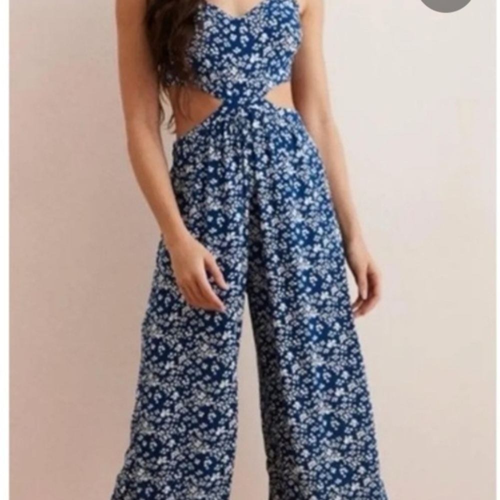 Aerie Navy Floral Cutout Jumpsuit